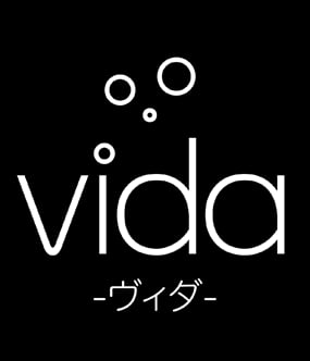 Vida logo with white text and circular design elements on black background, includes Japanese characters