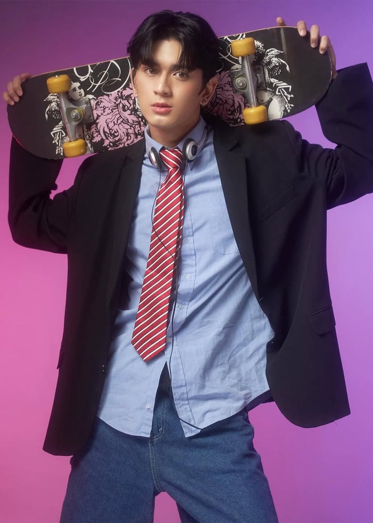 Young man in casual blazer and striped tie holding decorated skateboards behind his neck against a purple gradient background