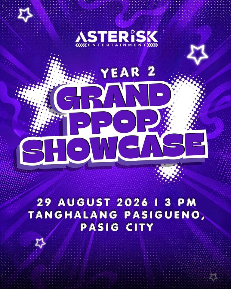 Asterisk Entertainment Year 2 Grand KPOP Showcase poster with event details for August 29, 2026 at 3 PM in Pasig City