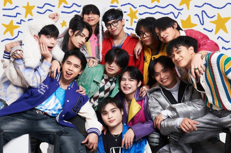 Group of ten young men in colorful outfits posing together against a white backdrop with gold stars and blue wavy decorations