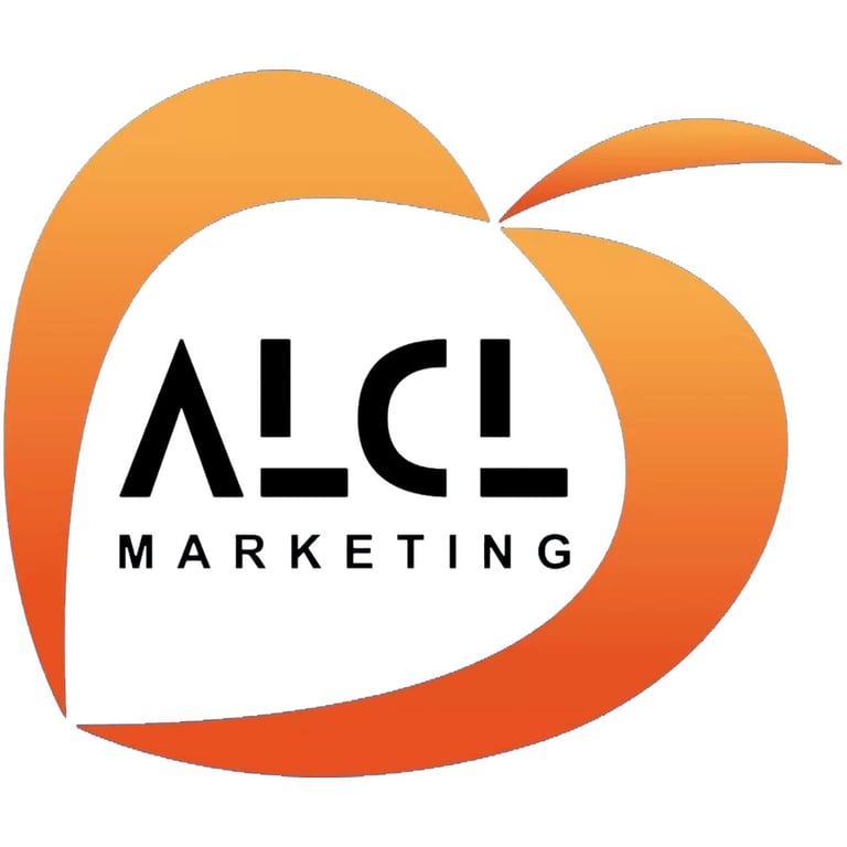 ALCI Marketing logo with orange abstract curved design elements surrounding white center containing black text