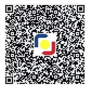 QR code with colorful logo in center featuring blue, yellow, and red geometric shapes