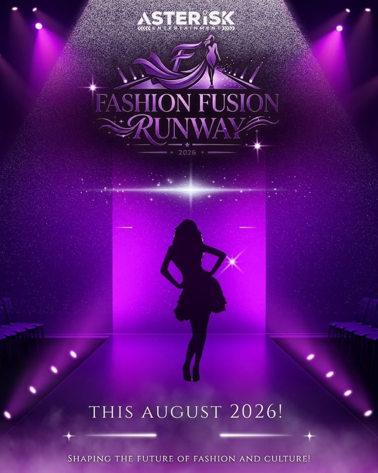 Fashion Fusion Runway poster featuring silhouette of model on purple stage with spotlight and Asterisk branding, event in August 2026