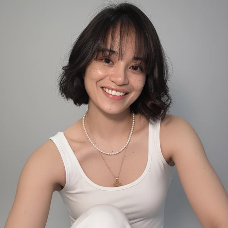 Smiling young woman with short dark hair and bangs wearing a white tank top and pearl necklace against a gray background