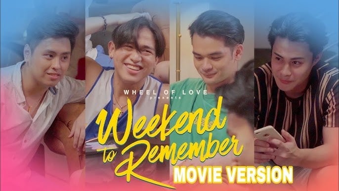 Promotional poster for A Weekend to Remember movie version showing four young men against a pink and blue gradient background with yellow text overlay