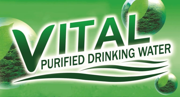 Vital Purified Drinking Water logo with green background, water droplets, and leafy design elements