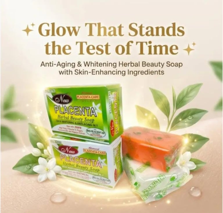 Placenta herbal beauty soap boxes and bars with green leaves and white flowers on beige background, promoting anti-aging and whitening benefits