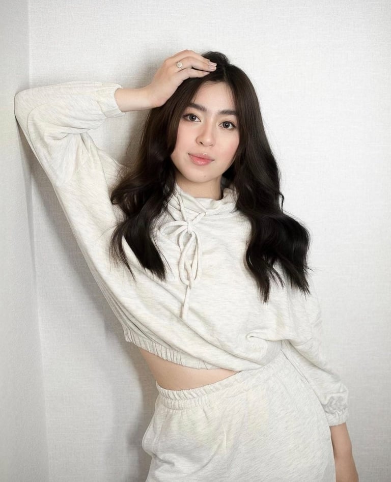 Young woman with long dark wavy hair wearing a white cropped hoodie and shorts, posing with hand to head against a white wall