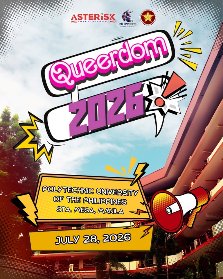 Queerdom 2024 event poster with pink and purple text, logos, and megaphone graphic for Polytechnic University of the Philippines on July 28, 2026