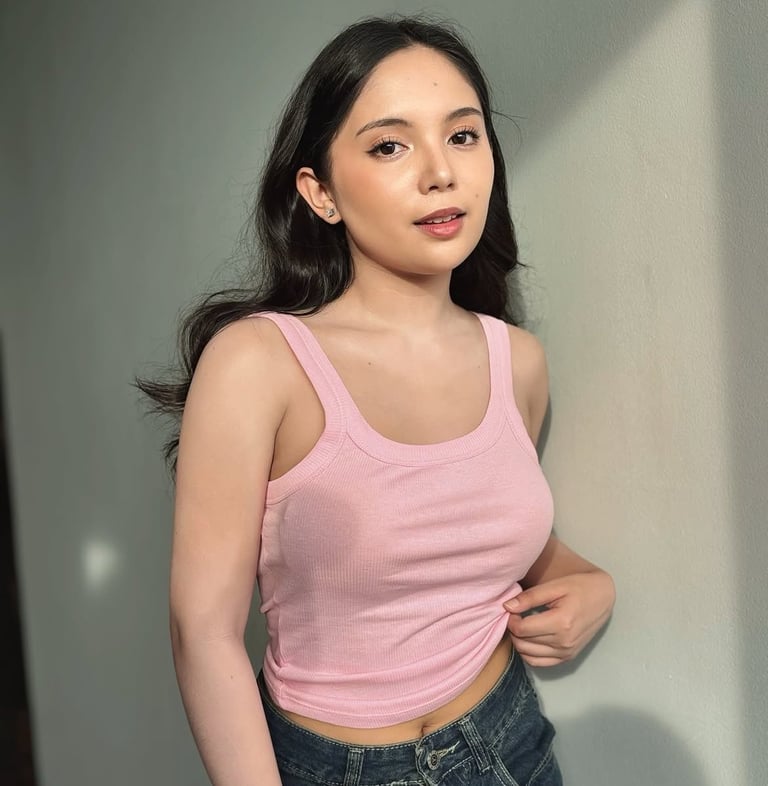 Woman with long dark hair wearing a pink sleeveless tank top and denim shorts against a white wall