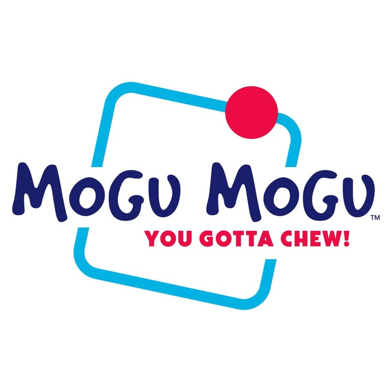 MOGU MOGU logo with blue rounded square frame and red ball, tagline You Gotta Chew