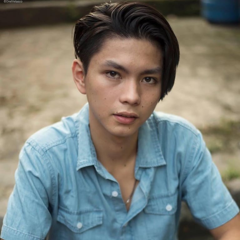 Young man with dark swept hair wearing a light blue short-sleeved denim shirt, posing outdoors with a serious expression