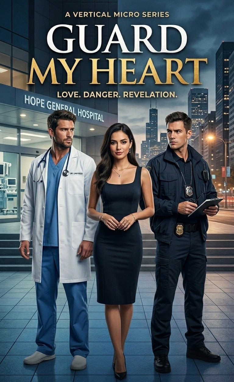 Promotional poster for Guard My Heart showing three main characters standing in front of a hospital at night with city skyline behind them