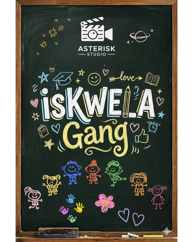 Colorful chalk drawing on blackboard reading ISKWELA Gang with cartoon children figures and decorative doodles