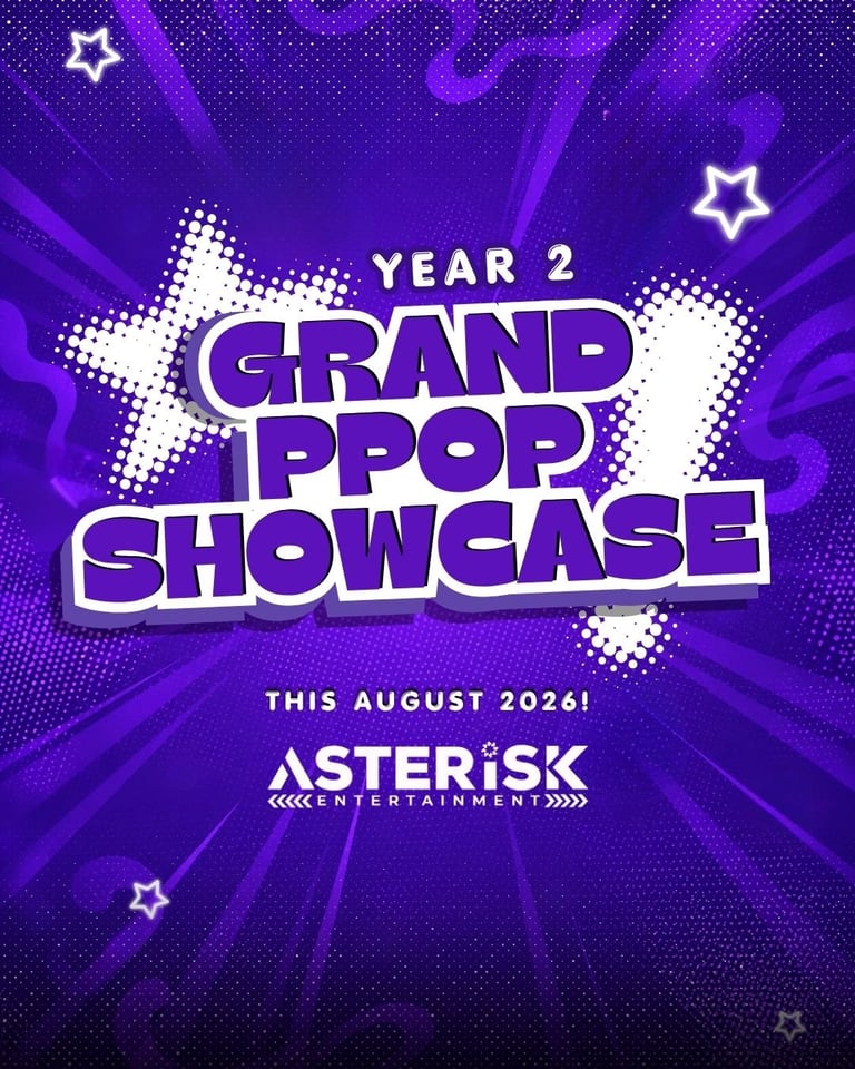 Year 2 Grand PPOP Showcase poster in purple with stars, advertising event in August 2026 by Asterisk Entertainment