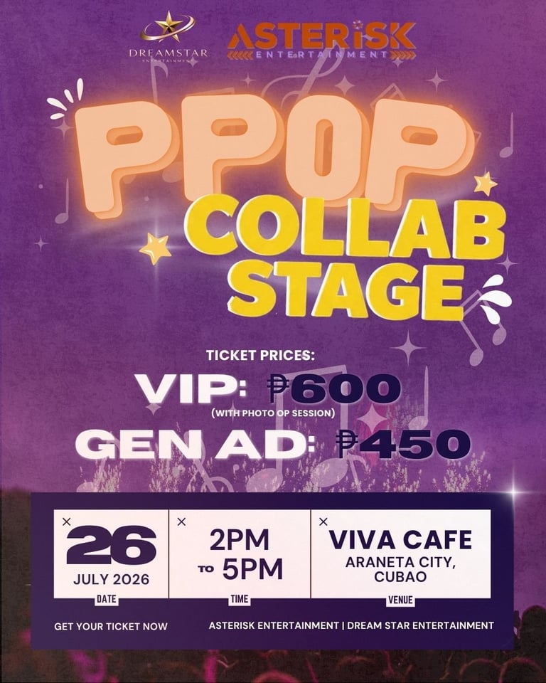 PPOP Collab Stage concert flyer with purple background showing VIP P600 and General Admission P450 ticket prices for July 26, 2026 at Viva Cafe