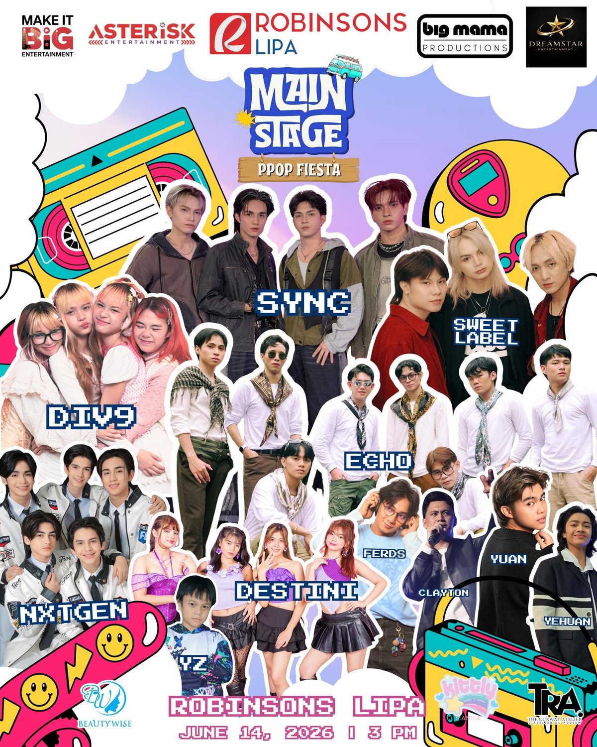 Poster for Main Stage Pop Fiesta event featuring K-pop groups SYNC, Sweet, DIVs, Echo, Destini, NS1GEN, and others with colorful graphics and logos.
